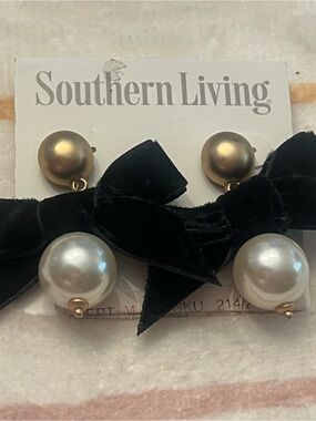 Southern Living Black Velvet Bow and Gold Pearl Drop Earrings